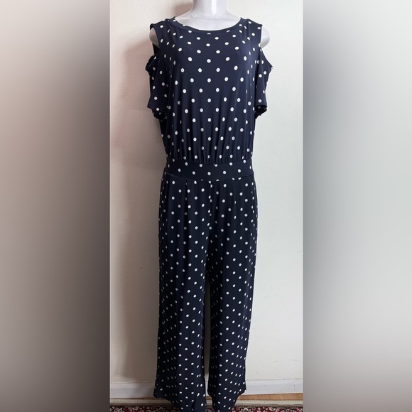 (H1)The Limited Navy Blue Polka Dot Zip Up Off Shoulder Wide Leg Jumpsuit,Size S - Picture 1 of 16